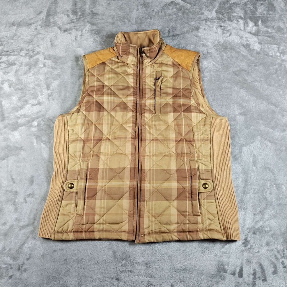 Lauren Ralph Lauren Vest Womens Petite Medium Tan Plaid Quilted Suede Trim
